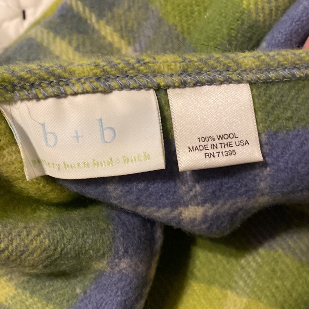 POTTERY BARN WOOL APPLE GREEN/BLUE PLAID FULL/QUEEN BLANKET +2 STANDARD SHAMS - Picture 7 of 7